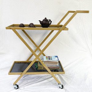 KB68038 Two-Tier Standing Type Iron Frame <b>Cart</b> with Glass Top Rectangle Shape with Wheels for Living Room Tableware <b>Storage</b> - Product Image 4