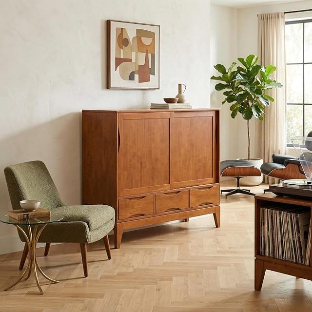 Medium Storage Cabinet Sliding Door Cabinet in Teak,Mid-Century Cupboard for Living Room with 3 Drawers and Tapered Legs