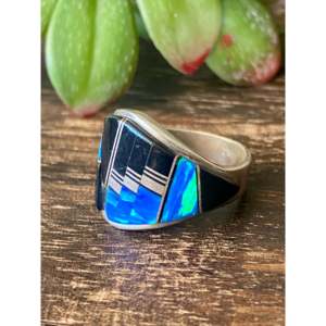 Navajo Handcrafted Multi Stone Opal & <b>Jade</b> Inlay Sterling Silver <b>Ring</b> Size 8.75 - Product Image 4