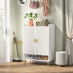 Tùy Chỉnh E0 Ván Hạt 7 Tầng Tủ Giày Với Cửa Ra Vào 24 Cặp Công Suất Có Thể Điều Chỉnh Kệ Trắng & Vàng Kim Loại Xử Lý - Product Image 1