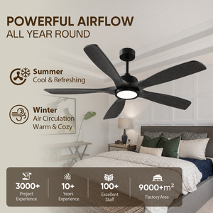 Ventilador de Techo de Madera Sólida de 60 Pulgadas con Luz, Montaje en Techo, Motor DC Silencioso, Control Remoto, para Sala de Estar y Dormitorio, Disponible en EE. UU., Color Negro - Product Image 2