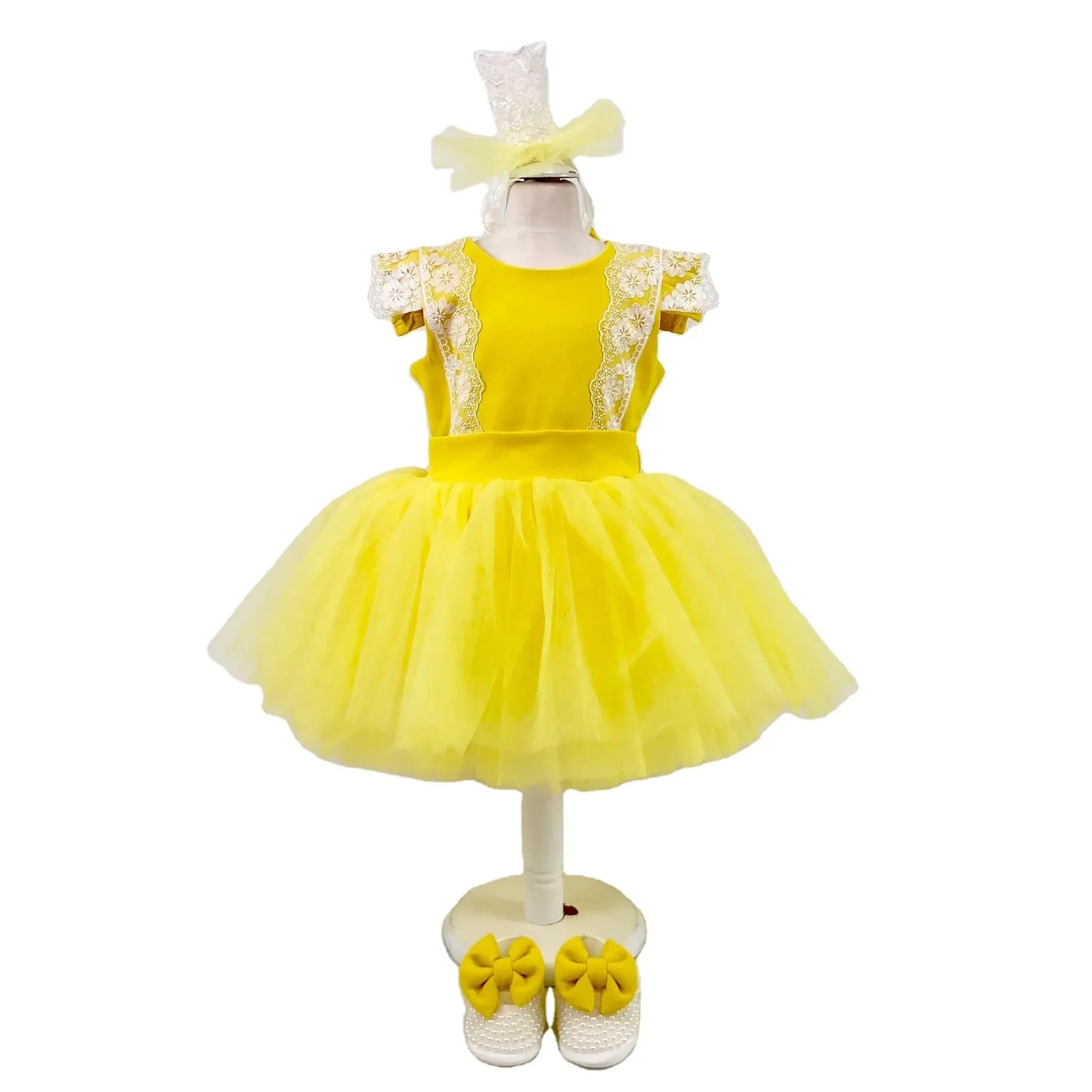 Hochwertige moderne Mädchen Babys Großhandel benutzer definierte Sommer Mädchen Geburtstags feier Hochzeit gelb Baby Kleid Baby Schuhe Haarband