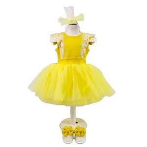 高品质现代女童婴儿批发定制夏季女童生日派对婚礼黄色婴儿连衣裙婴儿鞋发带