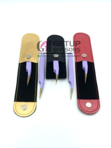Pince à épiler pour extensions de cils de haute qualité, anti-statique, à pointe dorée, à pointe dentelée, avec revêtement en poudre violette isolante, longueur 10 mm, personnalisable - Product Image 6