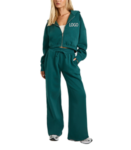 New Arrival Athleisure Sportswear Women Exercise Tracksuit Custom <b>Distressed</b> Applique Embroidery Zipper Crop <b>Top</b> Sexy Joggers - Product Image 1