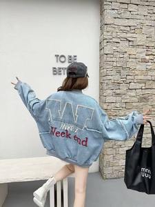 Women's Gothic Stylish Embroidery Baseball Jacket Customizable <b>Light</b> Wash Denim Outwear with Loose Fit for Winter - Product Image 3