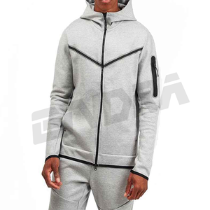 Chándal de algodón polar tecnológico de color gris para hombre, ropa de gimnasio con logotipo personalizado, conjunto de dos piezas con cremallera completa, perfecto para ropa de calle de fútbol - Product Image 5