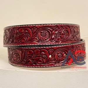 Ceinture en cuir usiné artisanale de haute qualité avec boucle de plaque à vis en cuir de vachette véritable au design occidental floral - Product Image 1