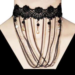Jeweljunk Gold Plated Lace Multi Drop <b>Chain</b> Choker <b>Necklace</b> Trendy Geometric and Tassel Pattern with Diamond and Pearl 1108641 - Product Image 1