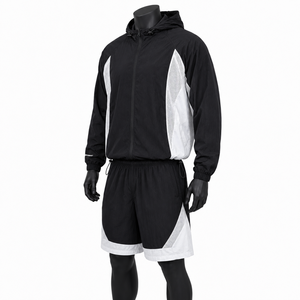 Men's <b>Black</b> White Color Block Hooded Tracksuit Lightweight Breathable Sporty Full Sleeve Zipper Jogging Suit Shorts Set - Product Image 3