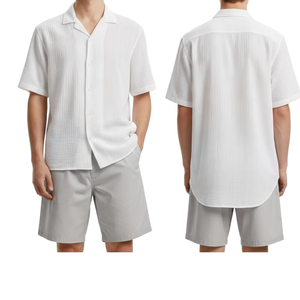 Men's White Cotton <b>Waffle</b> Short Sleeve <b>Shirt</b> With Light Gray Shorts Solid Color Casual Summer Set Breathable Woven Fabric - Product Image 4