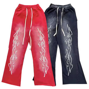 Pantalones de chándal lavados para hombre, pantalones de chándal acampanados de cintura alta con logotipo personalizado de estilo informal, con cierre de cordón frontal plano OEM - Product Image 1