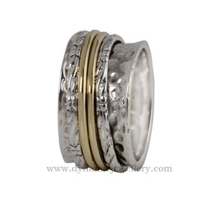 Banda ancha de 3 tonos de Plata de Ley 925 con anillos giratorios de corazón, anillos llamativos hechos a mano de meditación, anillos giratorios de plata de ley - Product Image 2