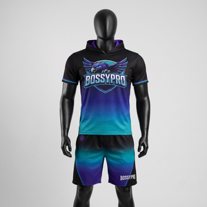 Ensemble de maillots d'e-sport personnalisés pour hommes Bossypro Industries, 100% polyester, sublimé, réversible, manches courtes, sweat à capuche, shorts, Dry-Fit - Product Image 1