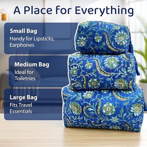 Blue Floral Handblock Printed Cotton Quilted Vintage Eco-Friendly Case Waterproof Washable Travel Organizer Makeup Jewelry Case - Product Image 3