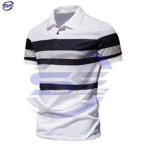 เสื้อโปโลของผู้ชายผ้าฝ้าย100% ลายทางสีทึบตัดกันลายทาง - Product Image 4