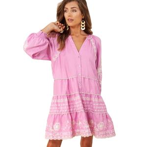 Vestido bordado Vintage para mujer hecho a mano de algodón de verano Mini longitud elegante manga larga Streetwear estilo cintura Natural - Product Image 1