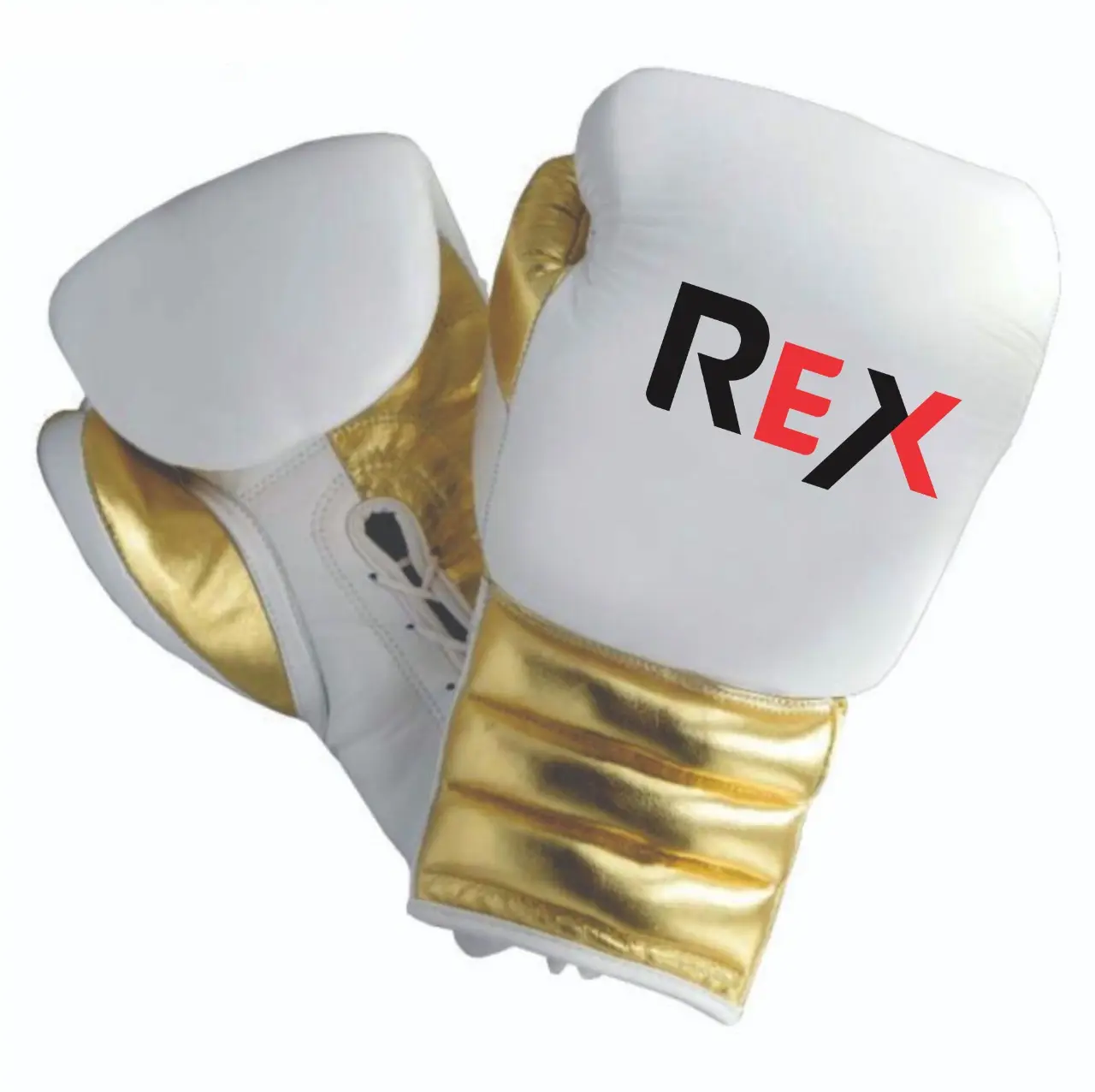 Rancang Sarung Tangan Latihan Tinju REX Anda Sendiri dengan Tali dan Ibu Jari Yang Terpasang, Sarung Tinju Emas & Putih 16Oz dengan Cetakan Khusus