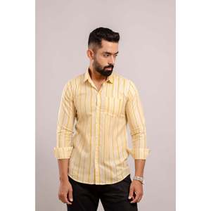 Camisa de Vestir Casual para Hombre, 100% Algodón, Estampada con Rayas Amarillas, Popelina Tejida, Mangas Largas, Transpirable, Talla 6XL, para Otoño y Oficina - Product Image 1
