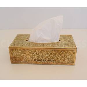 Grande boîte en métal poli brillant de couleur argent à texture martelée avec fleurs et feuilles plaquées or Porte-mouchoirs et boîte de créateur - Product Image 2