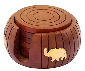 Ensemble de dessous de verre rond en bois avec incrustation d'éléphant en laiton et support tampons de boisson fabriqués à la main pour le décor de protection de table de café de thé - Product Image 1