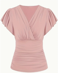 Women's Clothing Solid Color Slim Ruched <b>T</b>-<b>Shirt</b> Elegant Surplice Neck Short Sleeve <b>T</b>-<b>Shirt</b> For Plus size women - Product Image 2