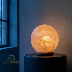 Lampe en sel rose de l'Himalaya de qualité supérieure, sphère en cristal de sel naturel et base en bois massif pour bureau et salon - Product Image 6