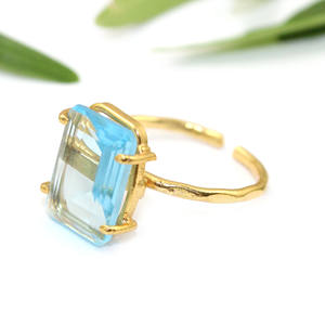 Elegant Rectangular Blue Topaz <b>Gold</b> Adjustable Hammered Band <b>Ring</b> Finish Jewelry for Gifting Events - Product Image 2