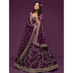 ชุดเลเฮนกาโชลีงานแต่งงานผ้าไหมสีม่วง พร้อมงานปักด้ายสวยงาม ชุดสำหรับผู้หญิง - Product Image 4