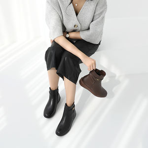 [JSHOE] Women Action Cowhide Leather Fleece Lined Gold <b>Strap</b> <b>Ankle</b> Short Boots 3.5cm Low Heel Winter Comfort <b>Shoes</b> - Product Image 4