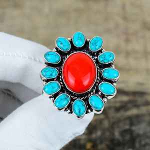 Elegante anillo de Plata de Ley 925 de Coral rojo y turquesa hecho a mano joyería de piedras preciosas naturales regalo de cumpleaños para ella - Product Image 4