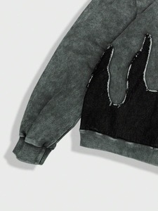 Sudadera con capucha vintage con cremallera lavada y detalle de puntada de llama negra, Sudadera con capucha desgastada en blanco de Terry francés de algodón para hombre, chaqueta con - Product Image 4