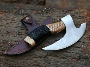Customized Handmade Viking Pizza <b>Axe</b> with Wood Handle and Leather Sheath Damascus Steel Pizza Cutter & Meat Cutter Wholesale - Product Image 3