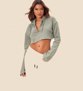 Hot Sale Cropped Raw Hem Pullover Hoodie for Women Cheap Price <b>Small</b> Size Cut-Out Design Streetwear Light Weight Hoodie Women - Product Image 2