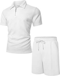 Ensemble polo décontracté pour homme, été, texture gaufrée, chemise à manches courtes et pantalon uni, confortable et élégant - Product Image 1