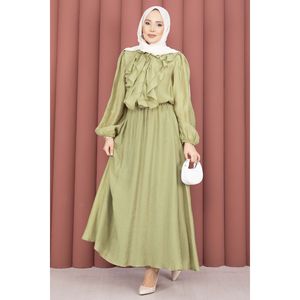 Casual Muslim Outfit Set Ruffled Long Sleeve Olive Green Skirt Print Pattern Breathable Prairie Chic Modal Fabric Adult Women's - Product Image 3