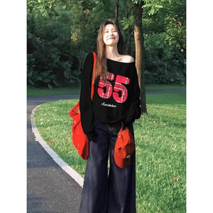 Gold Lianti American <b>Retro</b> High Street off Shoulder Capless Sweatshirt Lazy Top Full Sleeve Polo Collar Female Clothing - Product Image 1