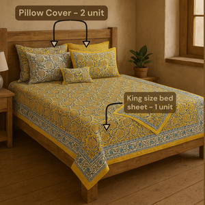 Premium Jaipuri bloque de mano impreso diseño moderno Algodón puro amarillo juego de sábanas estampado indio Super King Size 108 \ "X108 \" - Product Image 5