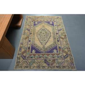 Tapis turc vintage classique Beige et violet 3.6x5,1 pieds laine PVC grande surface salon tapis Latex support pour couloir motif - Product Image 1