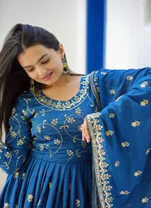 2024 verano cuello redondo Chinon bordado Chinon vestido con bordado de secuencia trabajo tejido hasta el suelo lavable - Product Image 4