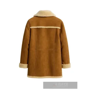 Manteau en cuir brun doublé de fourrure de mouton avec poches avant - Product Image 2