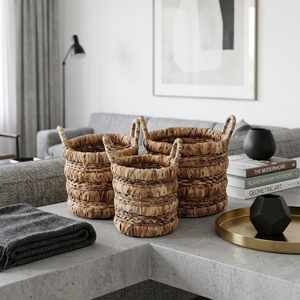 Ensemble de paniers de rangement en écorce de bananier naturelle, multi-niveaux, avec poignée en anneau horizontal, pot cylindrique, décoration artistique pure pour la maison - Product Image 4