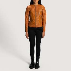 Chaqueta de Cuero Acolchada Color Bronceado para Mujer, Reversible, con Logotipo Personalizado, Tela Satinada, Talla 3XL, Otoño-Primavera, Decorada con Plumas - Product Image 4