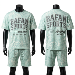 Conjunto de camiseta y pantalones cortos para hombre, premium, 200 GSM, algodón y poliéster, verde menta, estampado, con logo sublimado, tacto suave, 2 piezas. - Product Image 1