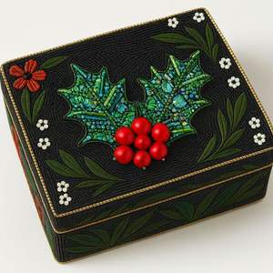 Premium Holly Berry Box Handcrafted Christmas Beaded Box Luxury Winter Holiday Embroidered Jewelry <b>Case</b> Artisan Floral Keepsake - Product Image 3