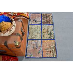 1.6x3.3 ft Turkish Small Rug, <b>Brown</b> Blue Vintage Check <b>Wool</b> Rug - Product Image 1