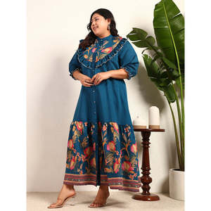 Deebaco Robe décontractée pour femme, bleu sarcelle, grande taille, imprimé floral bohème, à volants, avec manches bouffantes, longueur cheville - Product Image 3