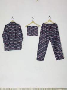 Midnight Blossom Cotton Pajama Set with Matching Pouch Blue & <b>Pink</b> Hand Block Print Sleepwear Set 3 Piece - Product Image 6