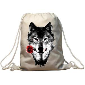 Custom Cotton Drawstring <b>Backpack</b> with 3D <b>Wolf</b> Head Print Promotional Sport Sack - Product Image 1