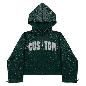 Low MOQ OEM ODM Cropped Rhinestone <b>Hoodie</b> Unisex Streetwear Zip Hooded Sweatshirt Custom Logo 100% Cotton Eco-Friendly Windproof - Product Image 4